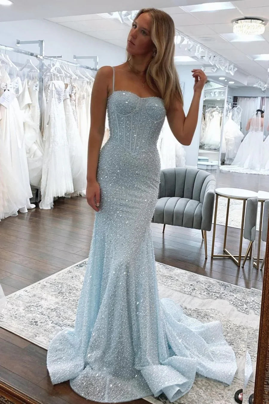 Straps Blue Sweetheart Sequin Beaded Mermaid Prom Dress FancyVestido Straps Blue Sweetheart Sequin Beaded Mermaid Prom Dress FancyVestido