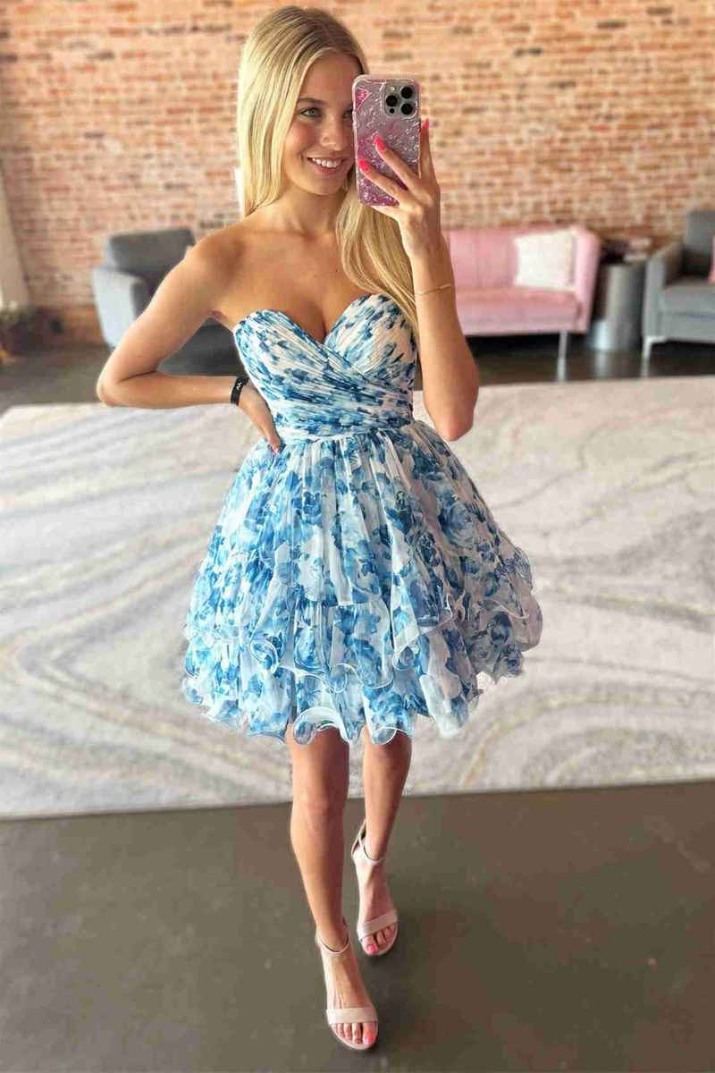 Sweetheart Blue Corset Floral Print Ruffle Short Party Dress Front Shot