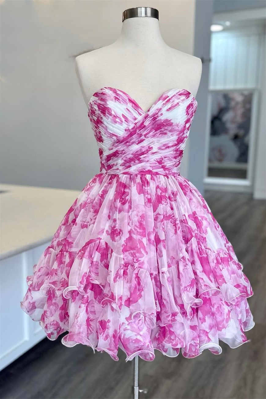 Sweetheart Blue Corset Floral Print Ruffle Short Party Dress Pink Color Front Shot