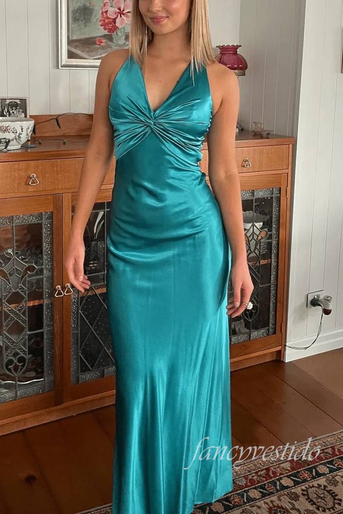 Halter Turquoise Twist Knot Mermaid Prom Dress