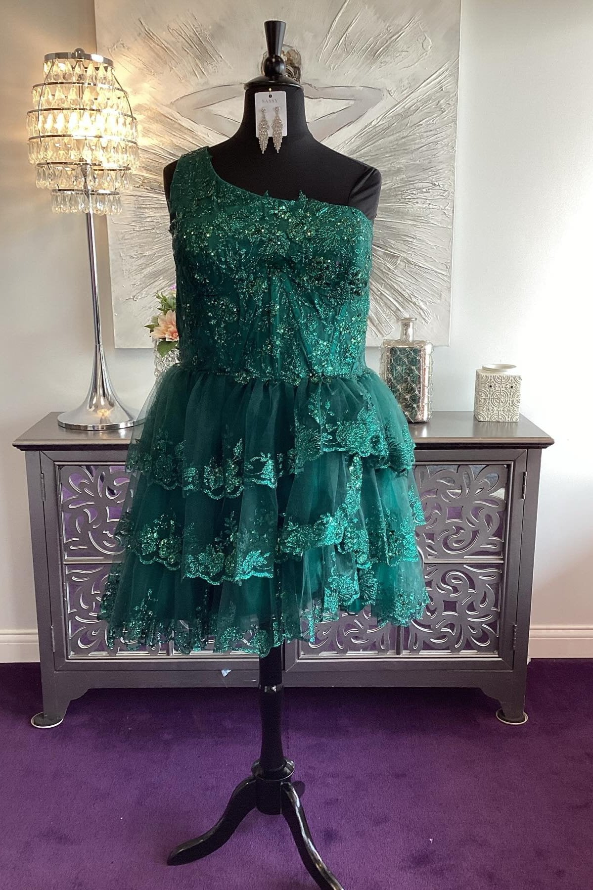 Green Appliques Ruffle Homecoming Dress One Shoulder Short
