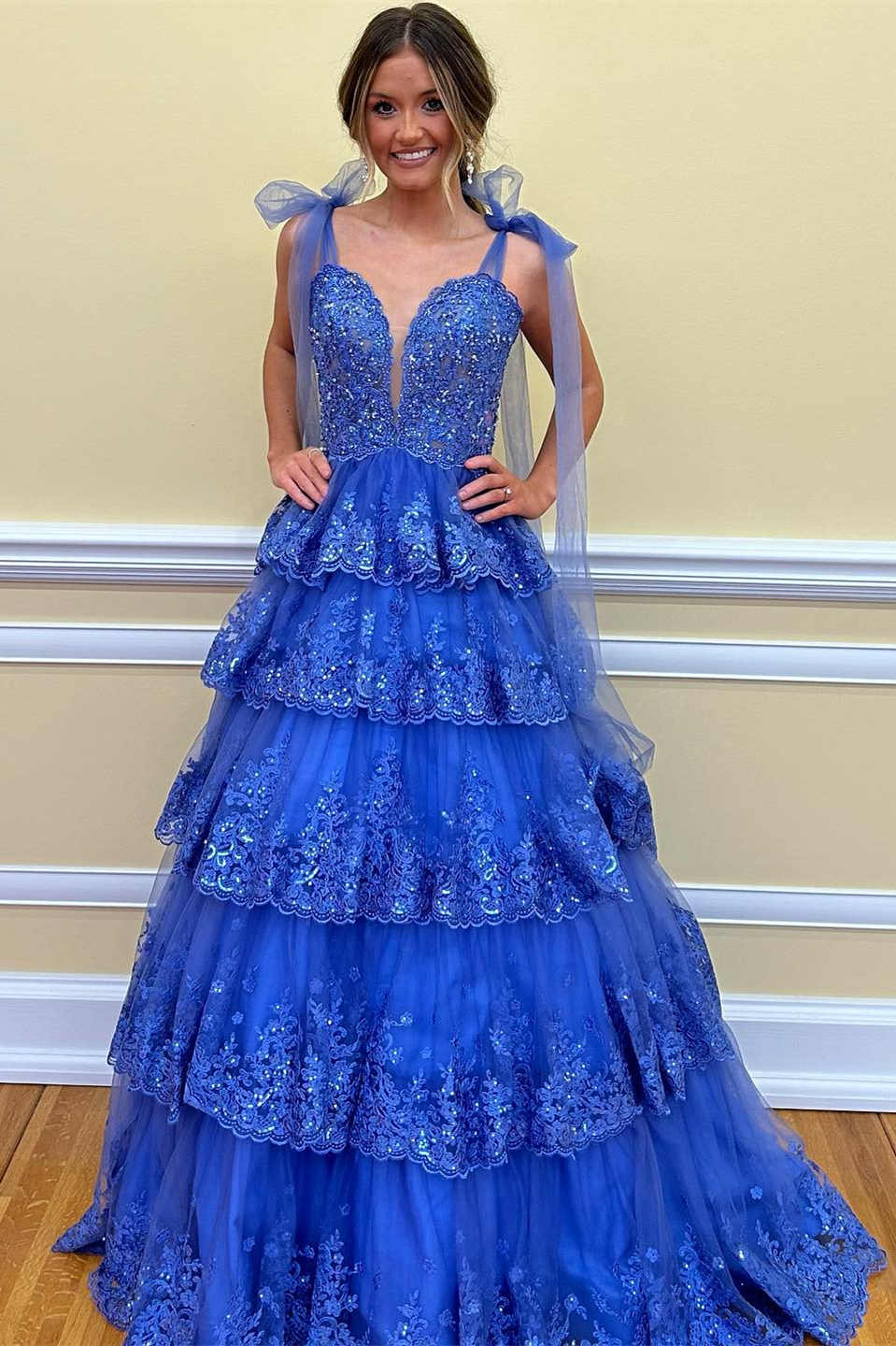 Tie Straps Light Blue Plunging Neck Layered Prom Dress with Appliques