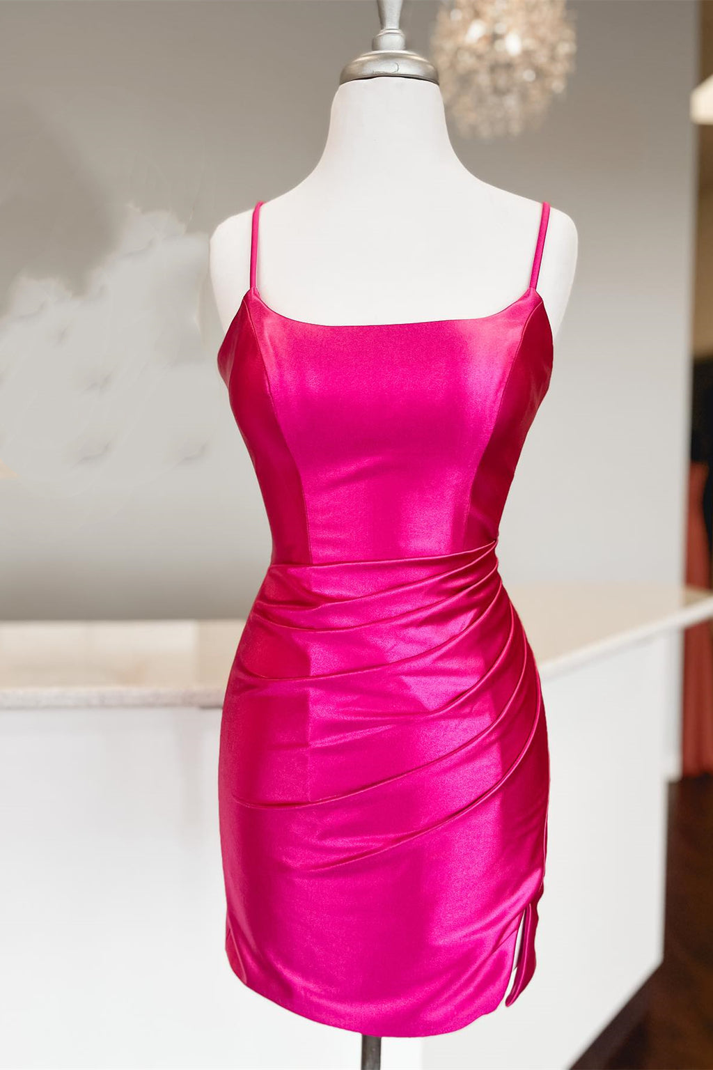 Fuchsia Straghetti Straps Sequin Homecoming Dress