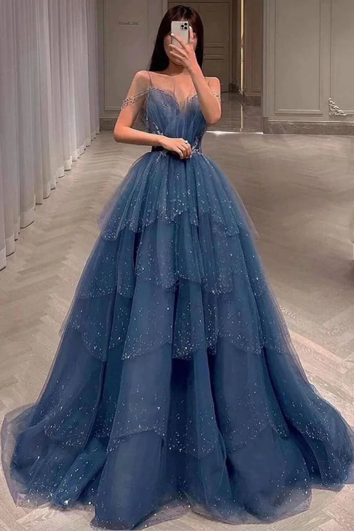 A-Line Princess Dusty Blue Beaded Long Formal Dress