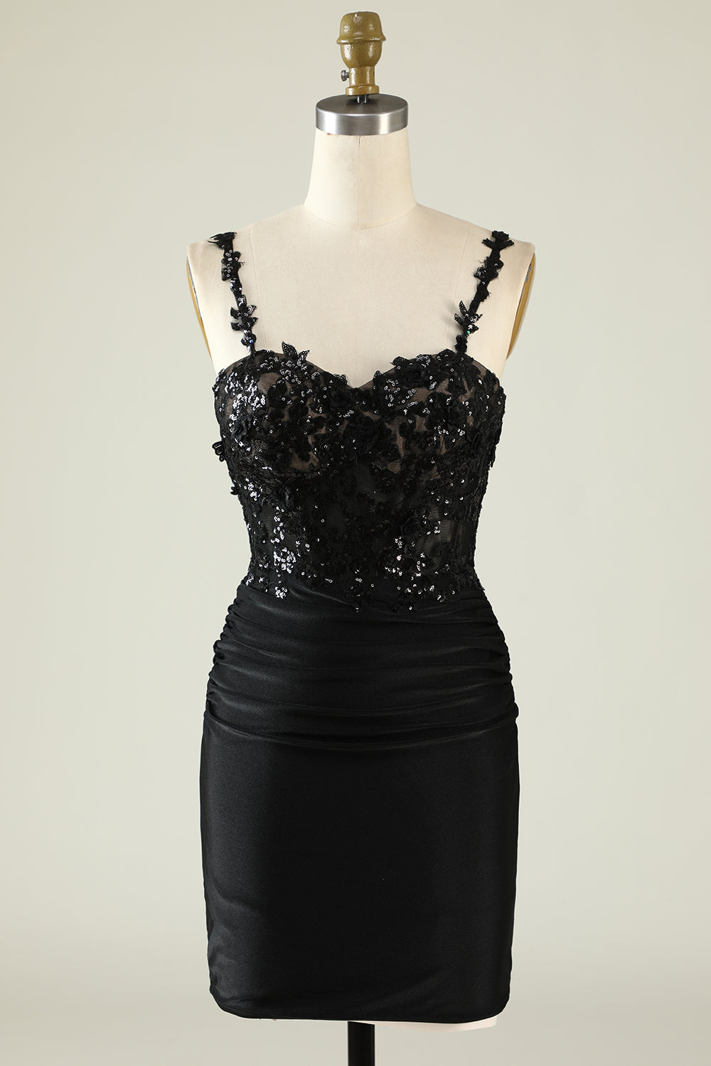 Straps Black Sequines Appliques Short Homecoming Dress