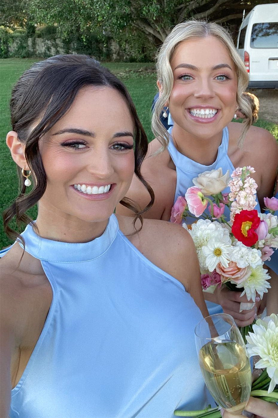 Sky Blue Halter Satin Long Bridesmaid Dress