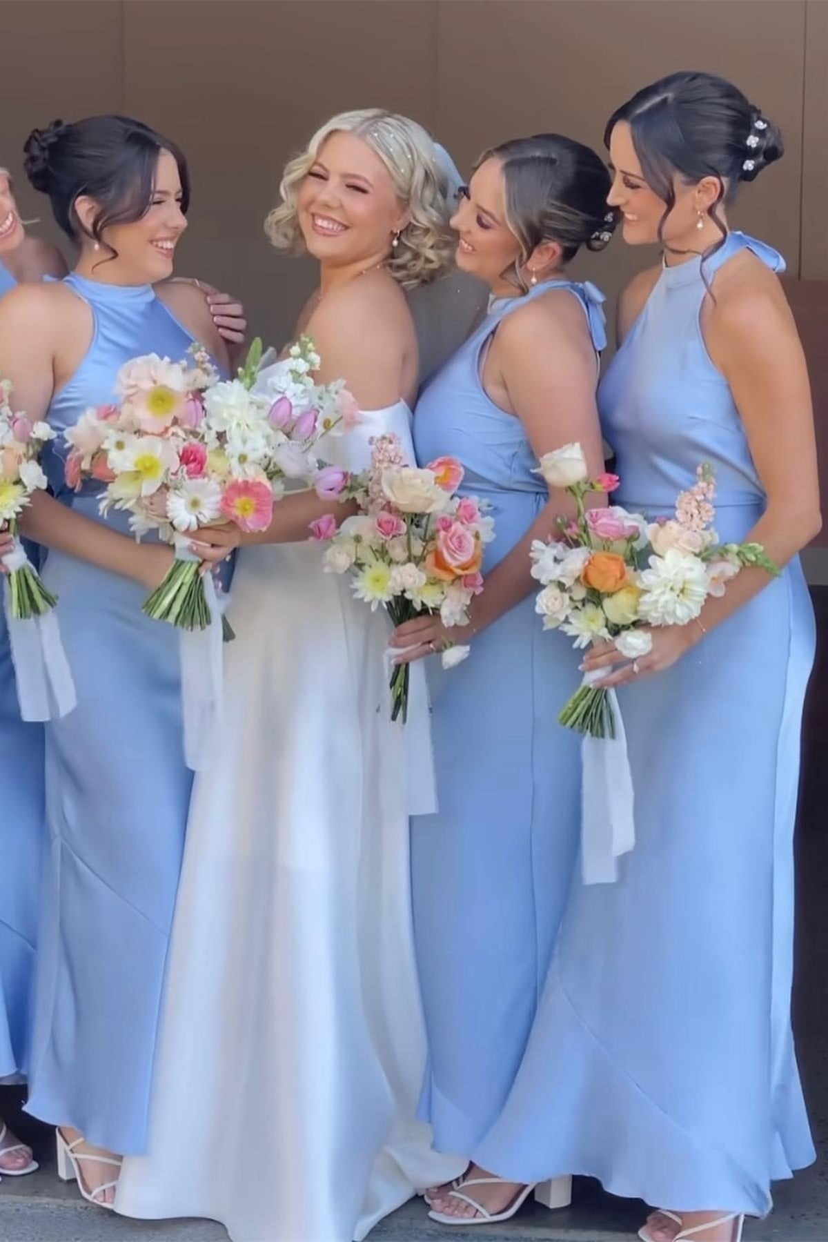 Sky Blue Halter Satin Long Bridesmaid Dress