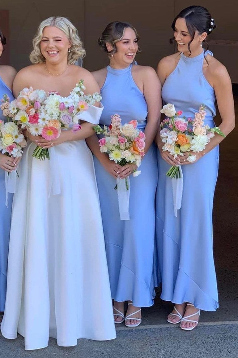 Sky Blue Halter Satin Long Bridesmaid Dress