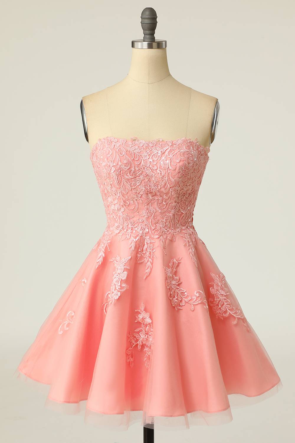 Strapless Pink Lace Appliques A-Line Short Party Dress