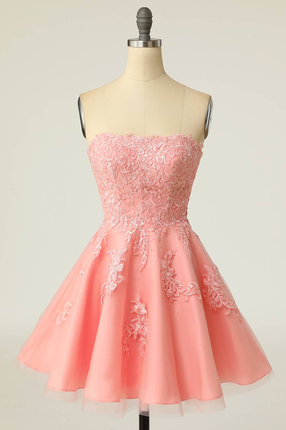 Strapless Pink Lace Appliues A-Line Short Party Dress