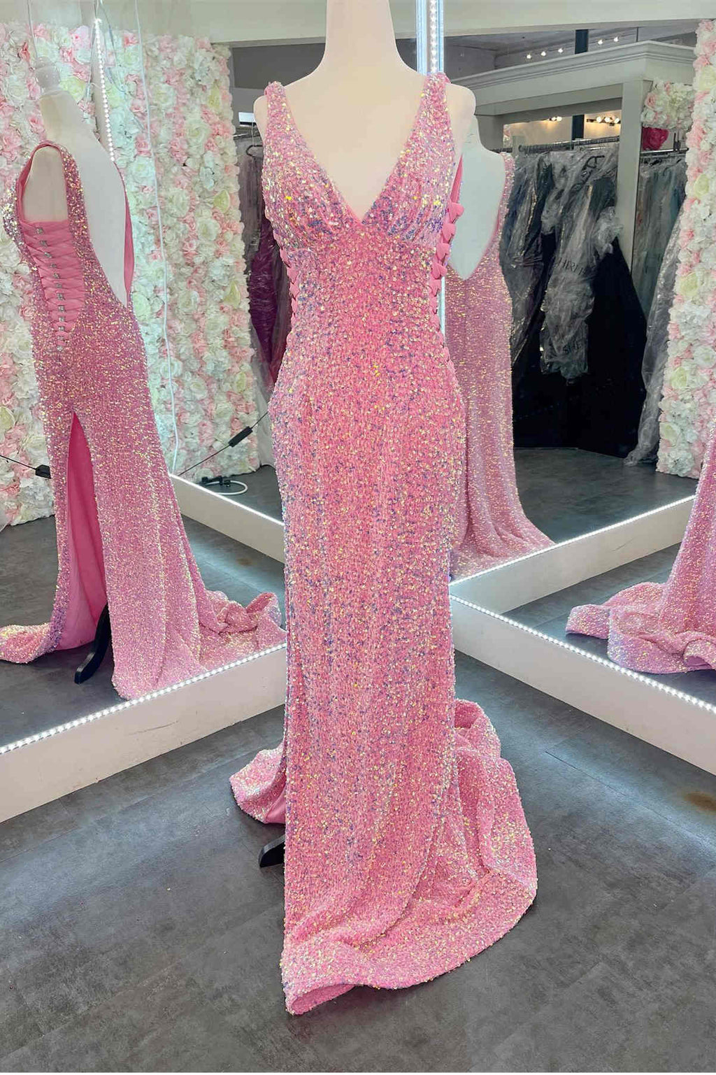 V-Neck Pink Sequin Long Prom Dress with Slit  FancyVestido