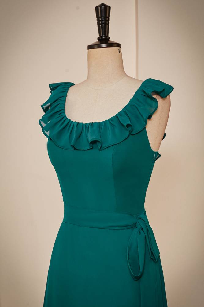 Ruffled Crew Neck Emerald Chiffon Midi Bridesmaid Dress