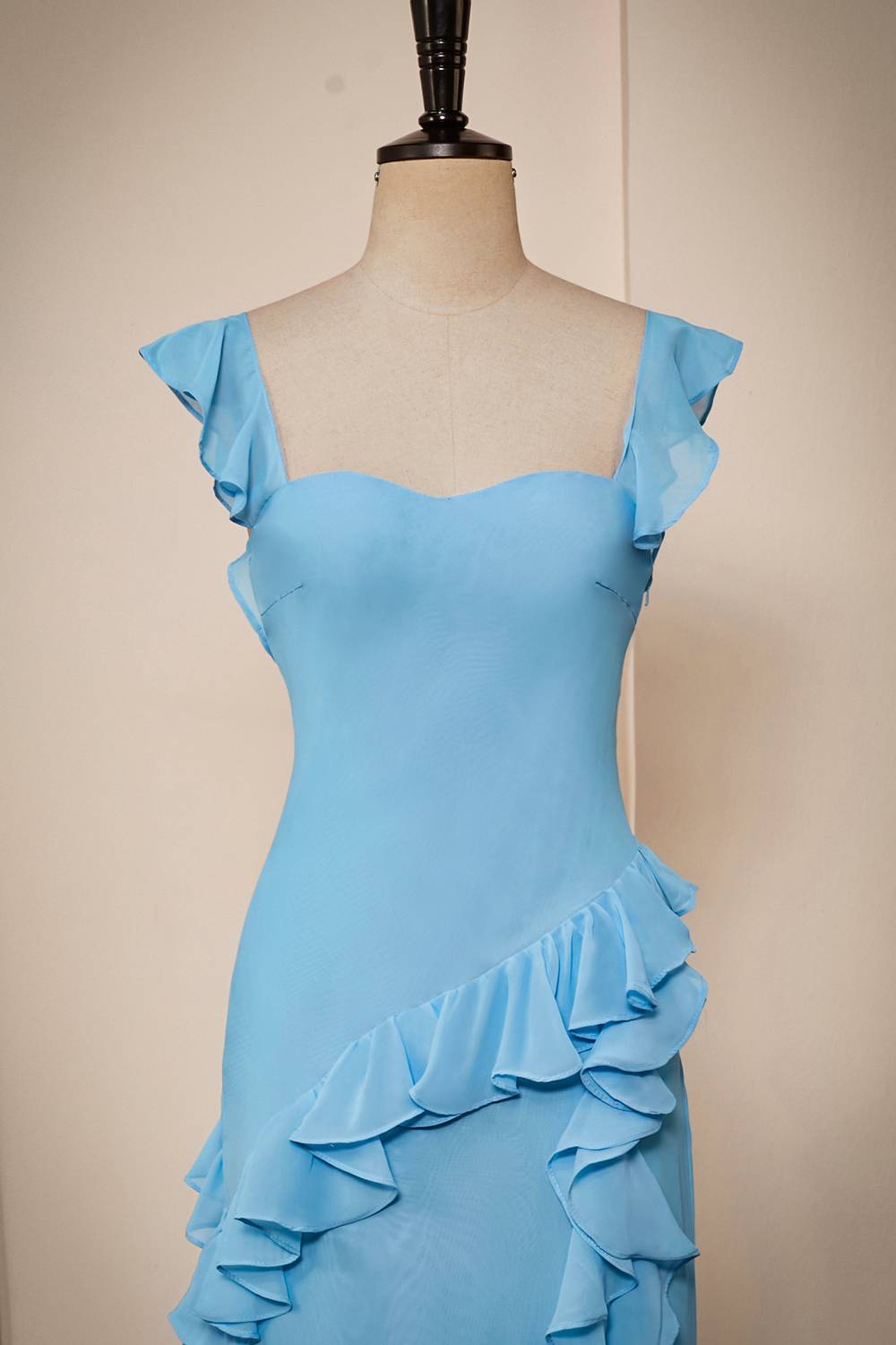 Elegant Blue Ruffle Slit Chiffon Long Bridesmaid Dress