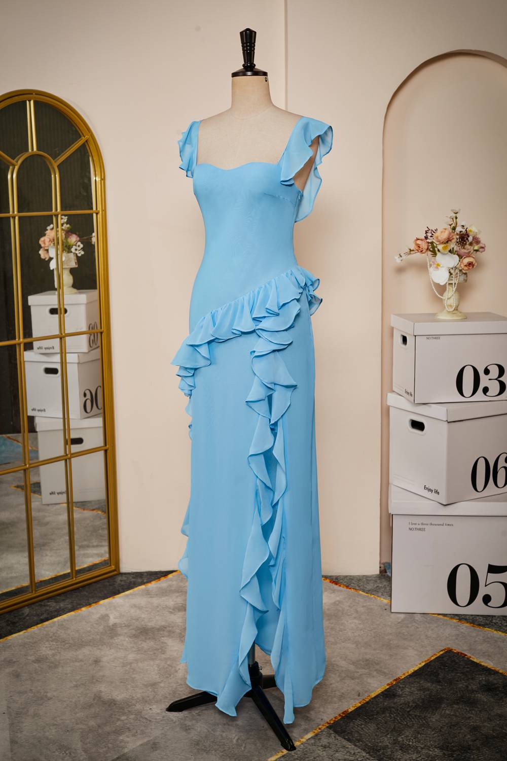 Elegant Blue Ruffle Slit Chiffon Long Bridesmaid Dress
