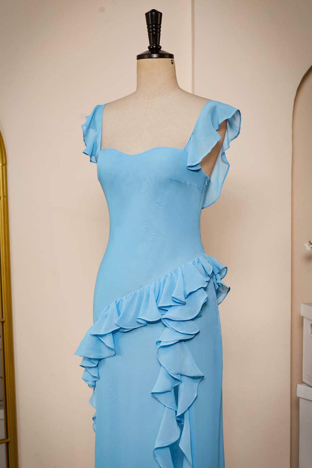 Elegant Blue Ruffle Slit Chiffon Long Bridesmaid Dress