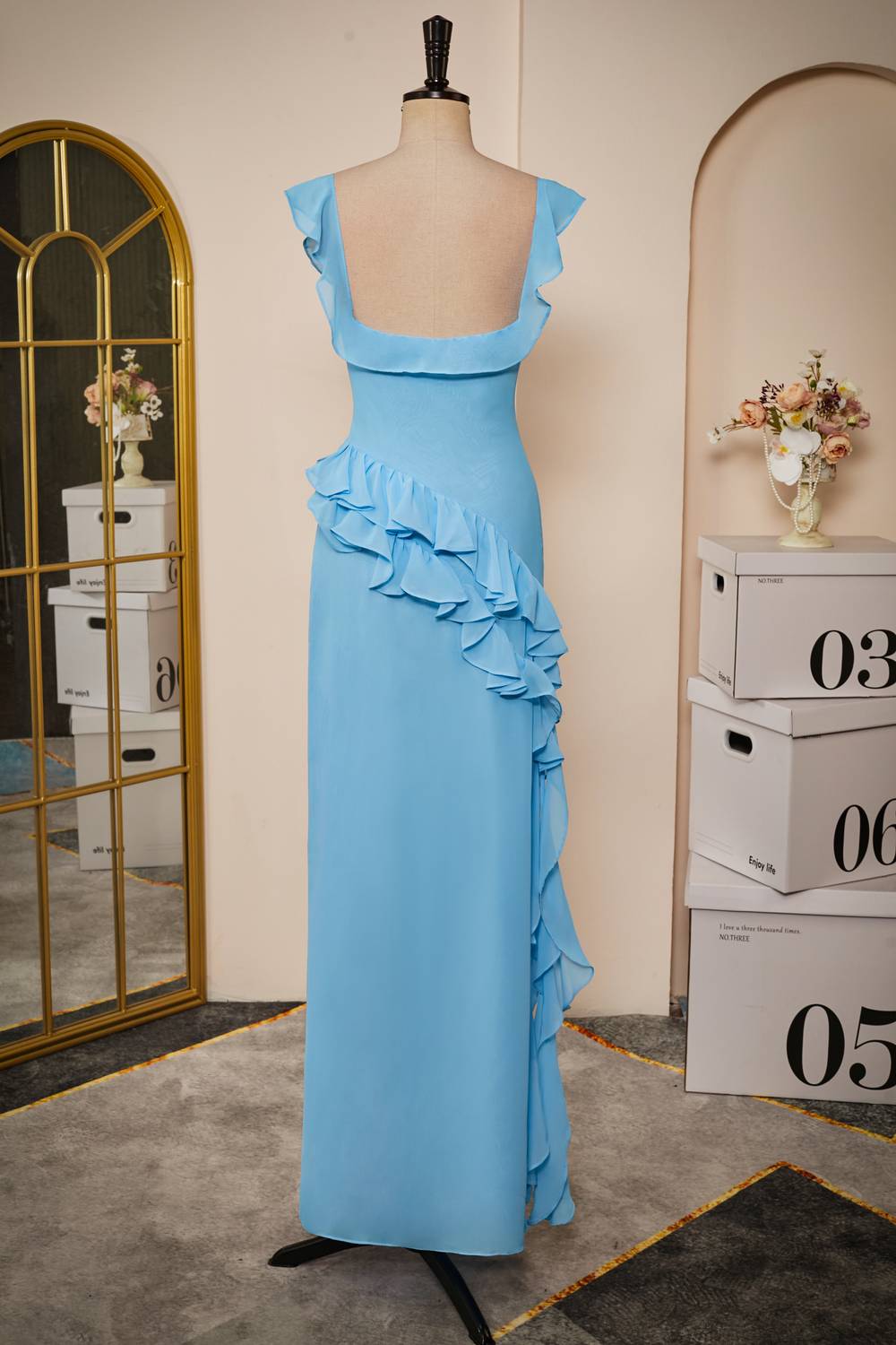 Elegant Blue Ruffle Slit Chiffon Long Bridesmaid Dress