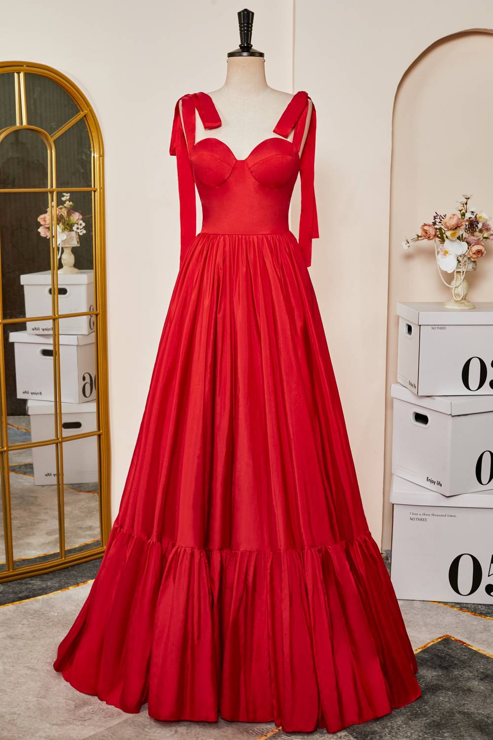 Tie Straps Red Corset A-Line Long Prom Dress