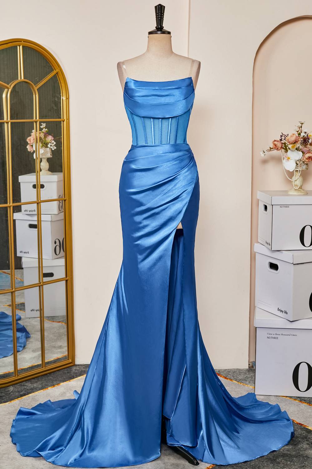 Strapless Blue Ruched Satin Prom Dress with Slit