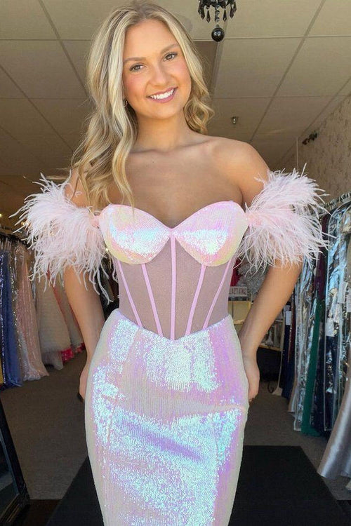 Sweetheart Pink Off the Shoulder Feathered Mermaid Prom Dress