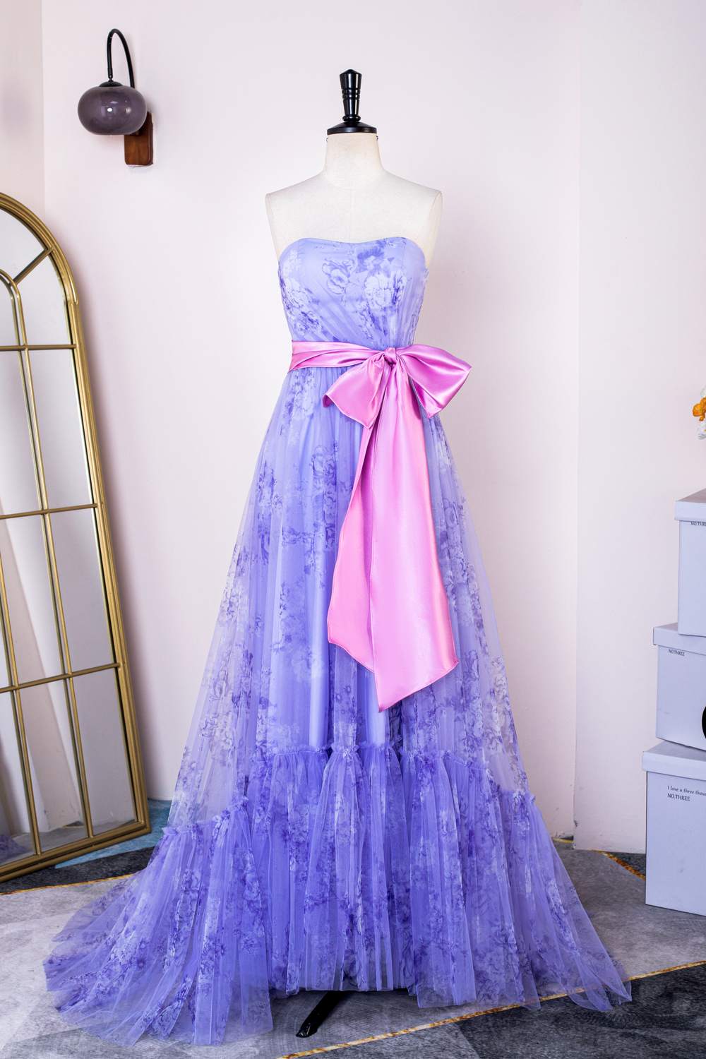 Strapless Lavender Floral Print Long Prom Dress with Bow Sash