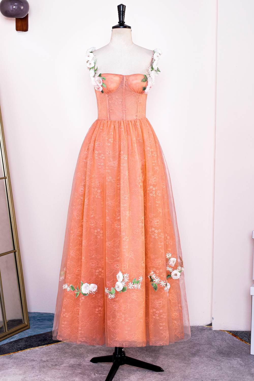 Burnt Orange Straps Lace Long Prom Dress with 3D Flowers
