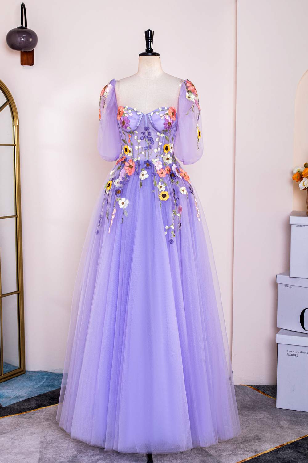 Lavender Floral Puff Sleeves Tulle A-Line Long Prom Dress