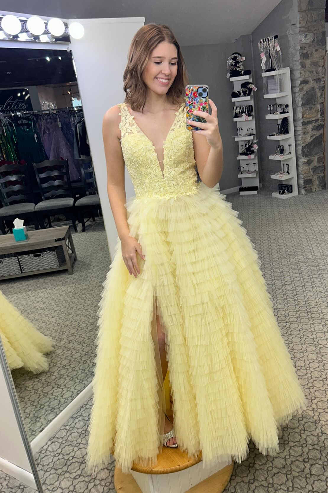 V-Neck Lavender Appliques Layered Prom Dress with Slit