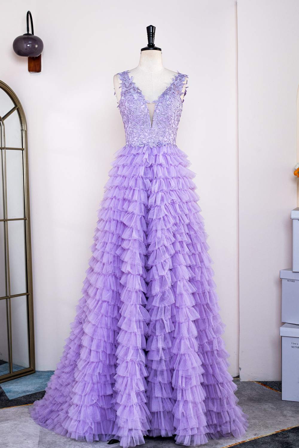 V-Neck Lavender Appliques Layered Prom Dress with Slit