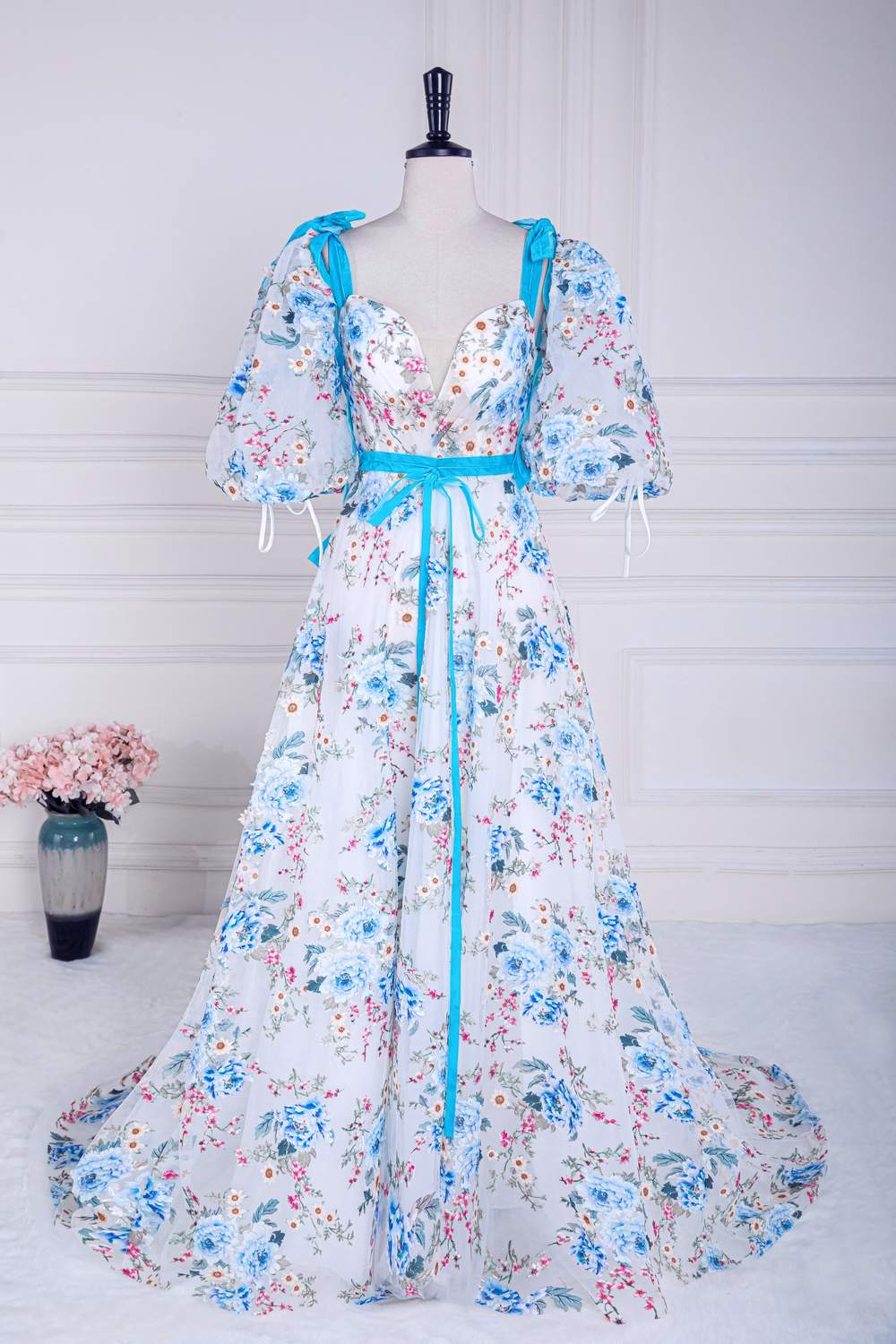 V-Neck Straps Floral Embroidery Long Prom Dress with Detachable Sleeves