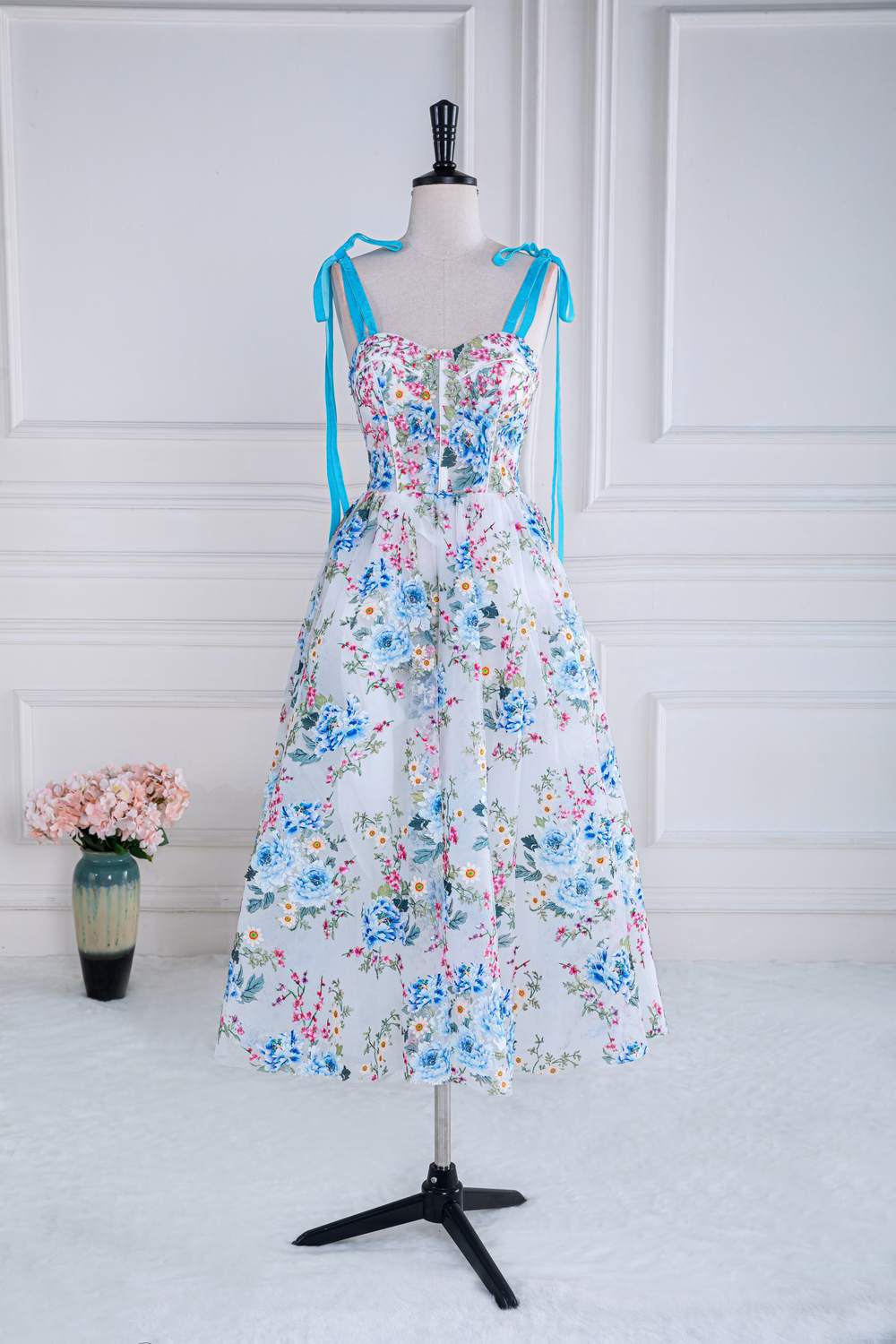 Tie Shoulder Blue Floral Embroidery Tea Length Prom Dress