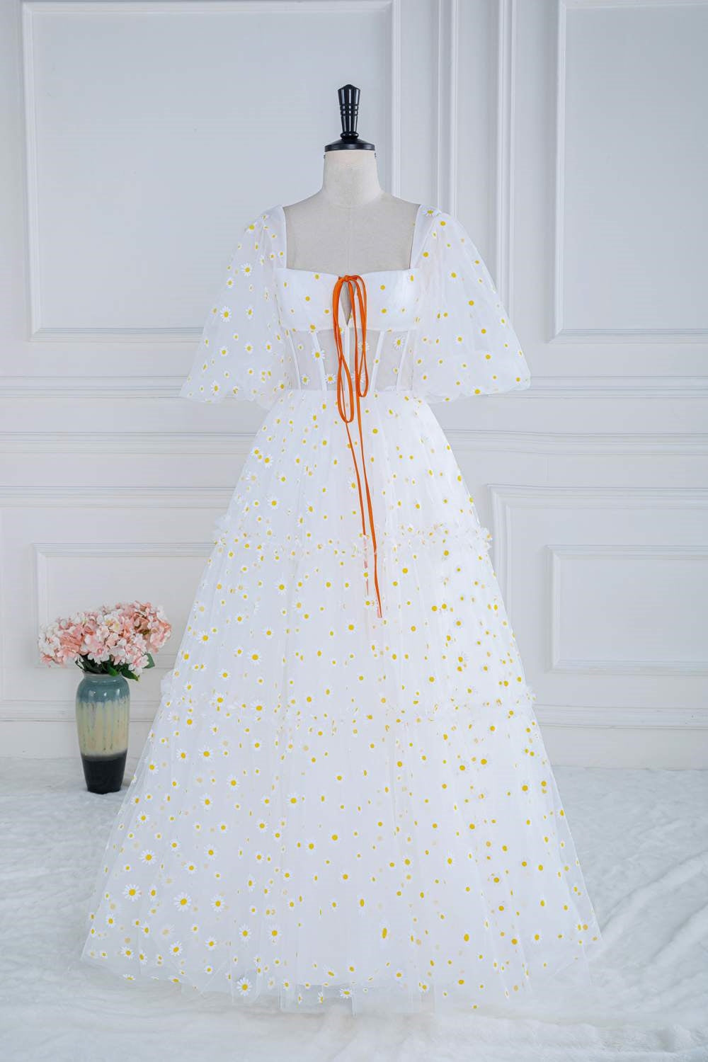 Square Neck White Daisy Print Tulle Long Formal Dress
