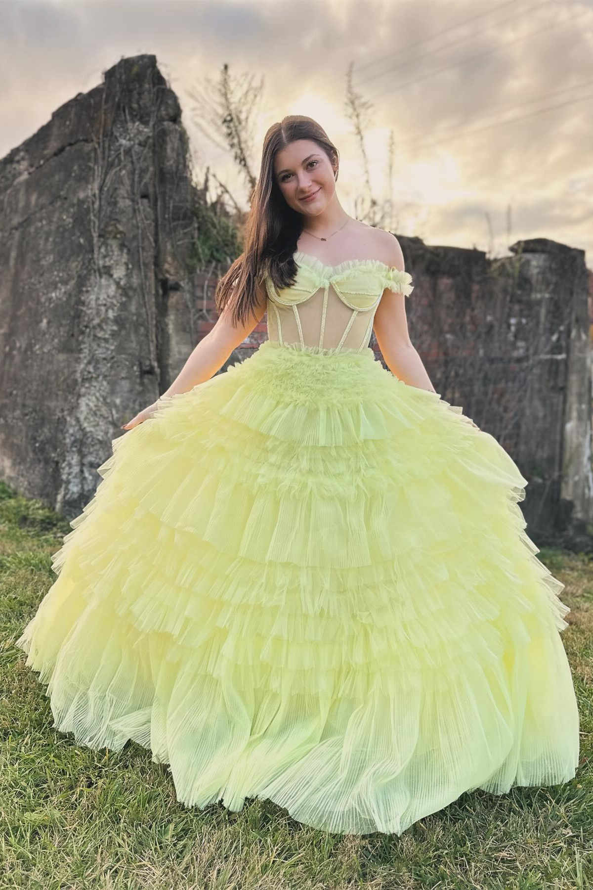 Off the Shoulder Light Yellow Ruffle Layered Prom Dress