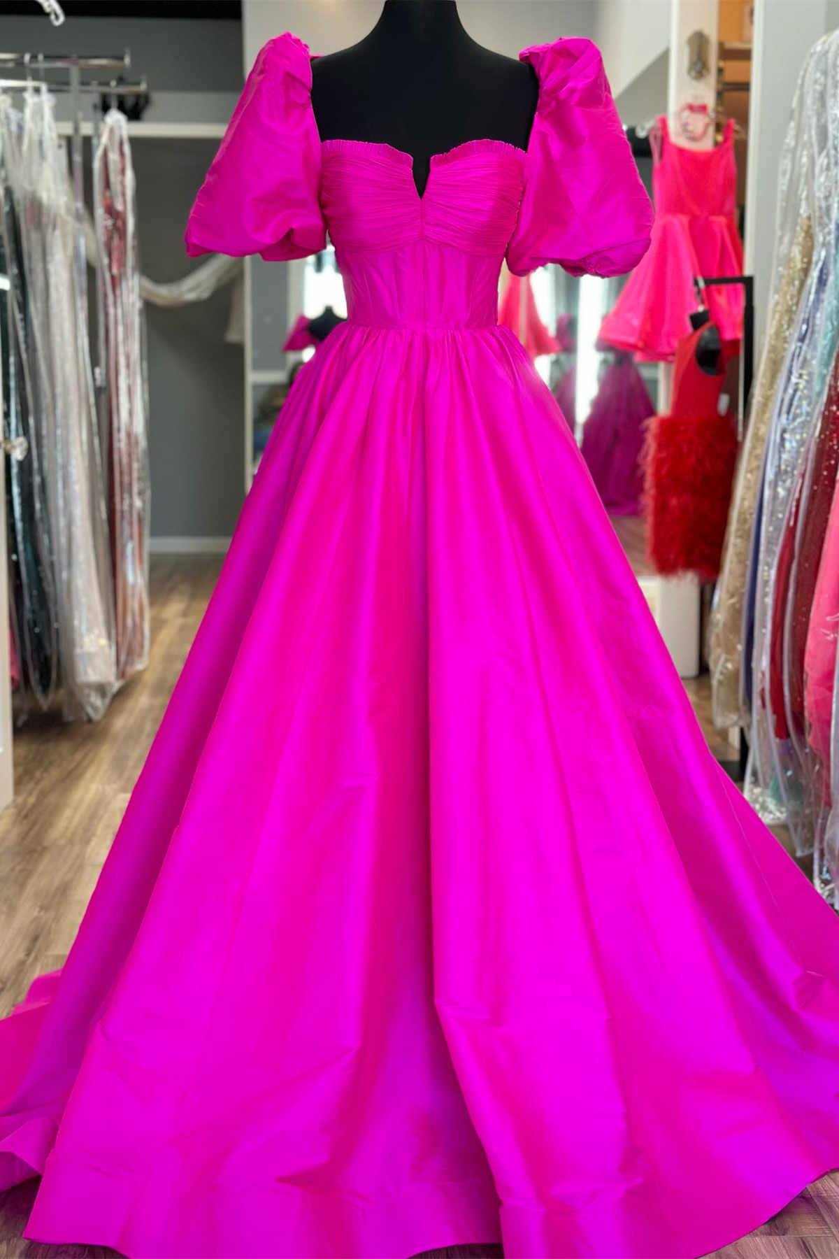 High Neck Half Sleeves Prom Dress Fuchsia Long Split With Sequins,DP075