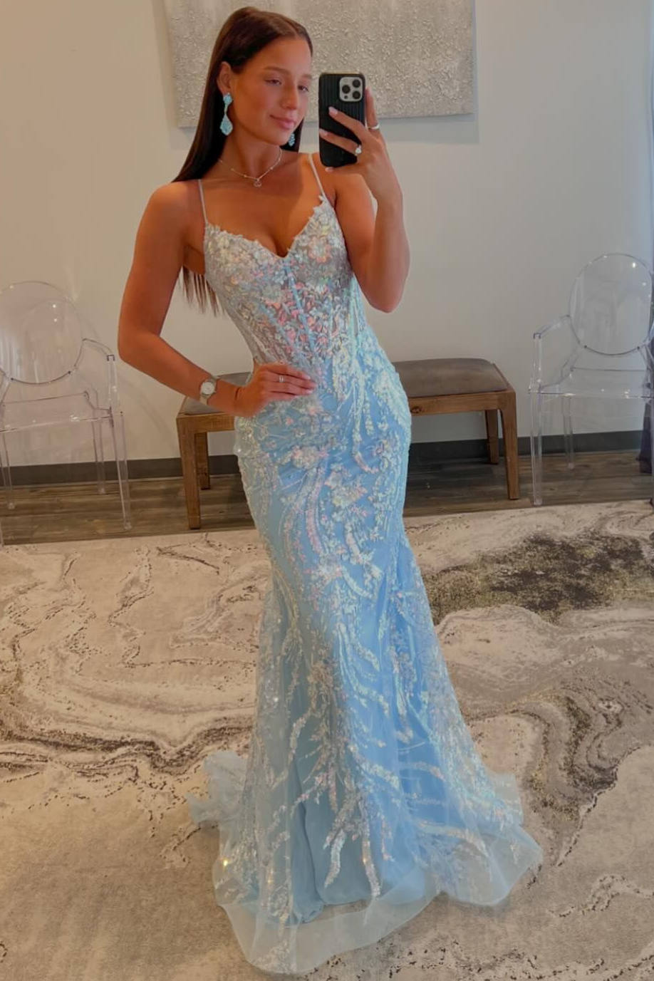 Cinderella Beads Light Blue V-Neck Mermaid Prom Dress