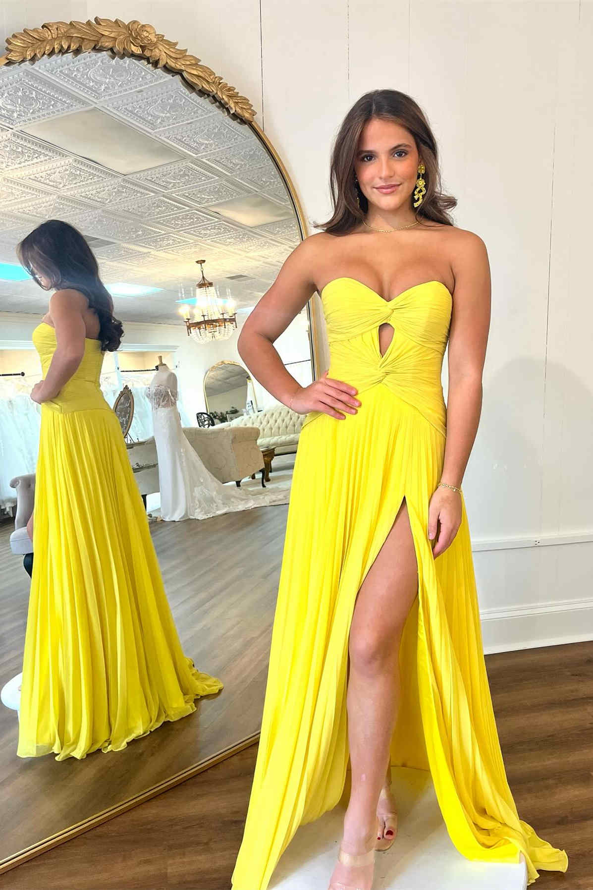Sweetheart Yellow Keyhole Pleated A-Line Prom Dress Front Side
