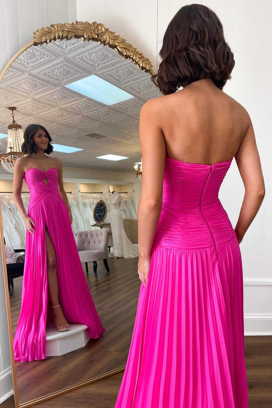 Sweetheart Hot Pink Keyhole Pleated A-Line Prom Dress Back Side
