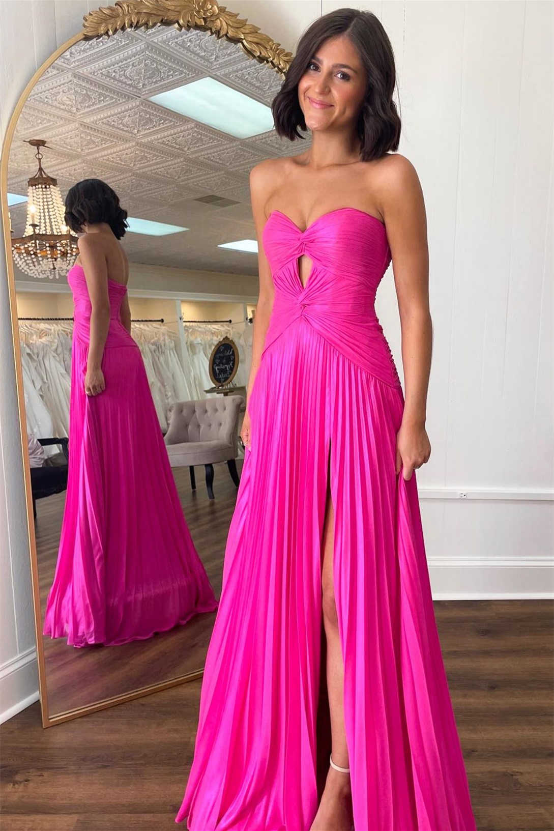 Sweetheart Hot Pink Keyhole Pleated A-Line Prom Dress Front Side