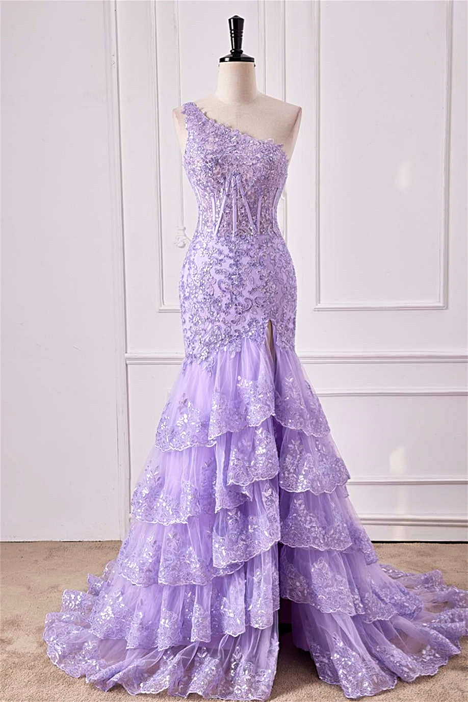 Mermaid One Shoulder Lavender Sequin Appliques Ruffle Prom Dress