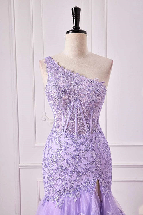 Mermaid One Shoulder Lavender Sequin Appliques Ruffle Prom Dress