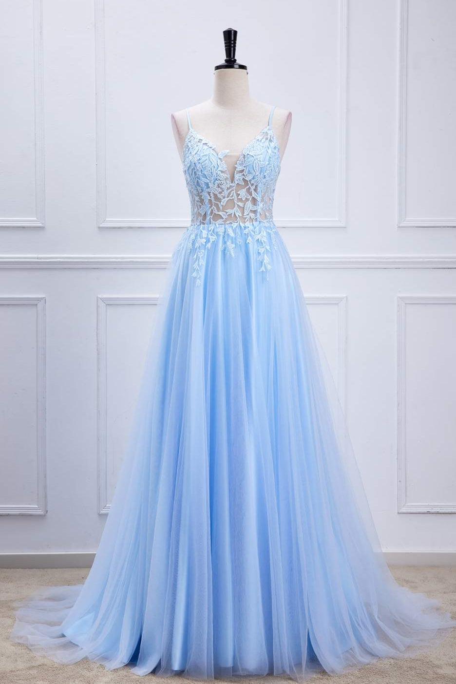 Lace-Up Light Blue Sheer Corset A-Line Formal Dress – FancyVestido
