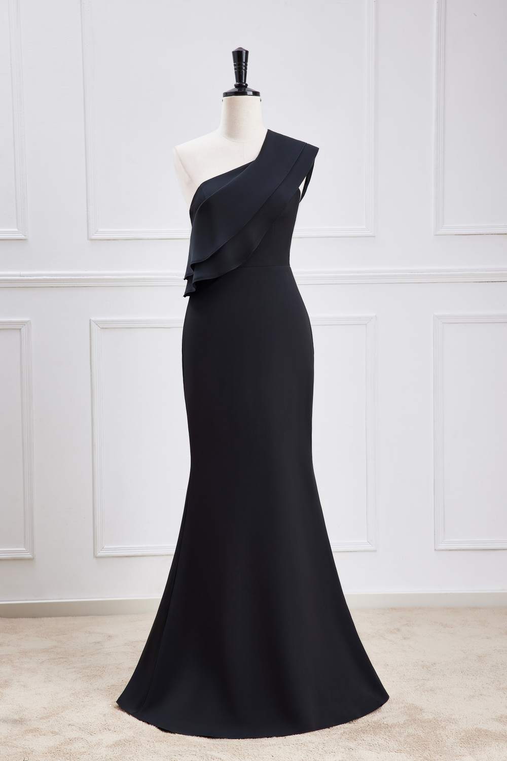 Ruffled One Shoulder Black Chiffon Maxi Dress – FancyVestido