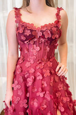 Burgundy 3D Floral Lace V-Neck Long Prom Dress with Straps