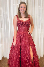 Burgundy 3D Floral Lace V-Neck Long Prom Dress with Straps