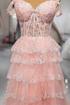 Pink Sweetheart A-Line Layered Lace Long Dress with Appliques