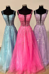 Hot Pink Plunging Neck A-Line Prom Dress with Appliques