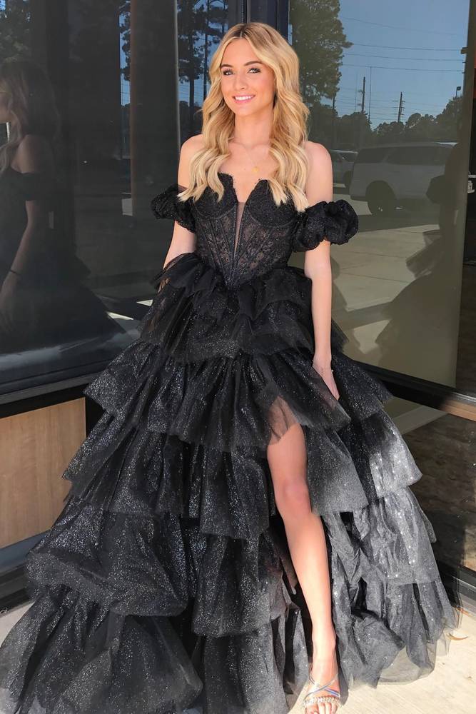 Sexy Sweetheart Black A-Line Lace Layered Dress with Slit