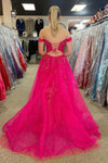 Hot Pink Off-the-shoulder Sweep Lace Dress with Appliques