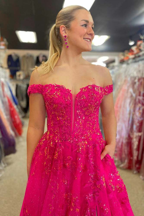 Hot Pink Off-the-shoulder Sweep Lace Dress with Appliques
