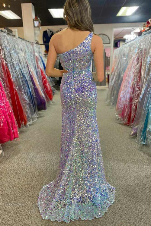 One Shoulder Sequined Mermaid Prom Dress with Side Cutout