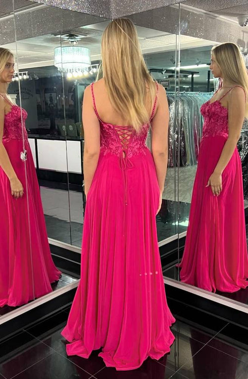 Hot Pink Sweetheart A-Line Prom Long Dress with Spaghetti Straps